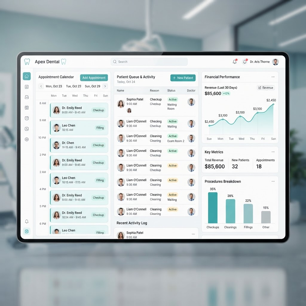 Dentora AI dashboard showing appointment scheduling, patient list, and revenue analytics